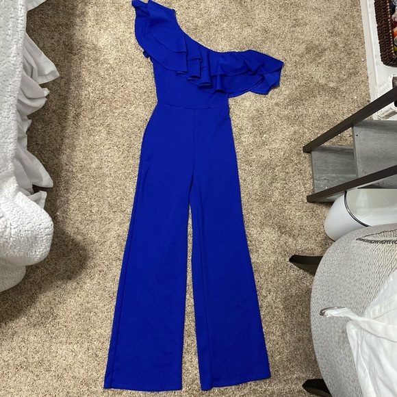 Blue Asymmetrical Ruffle Jumpsuit - Picture 3 of 3
